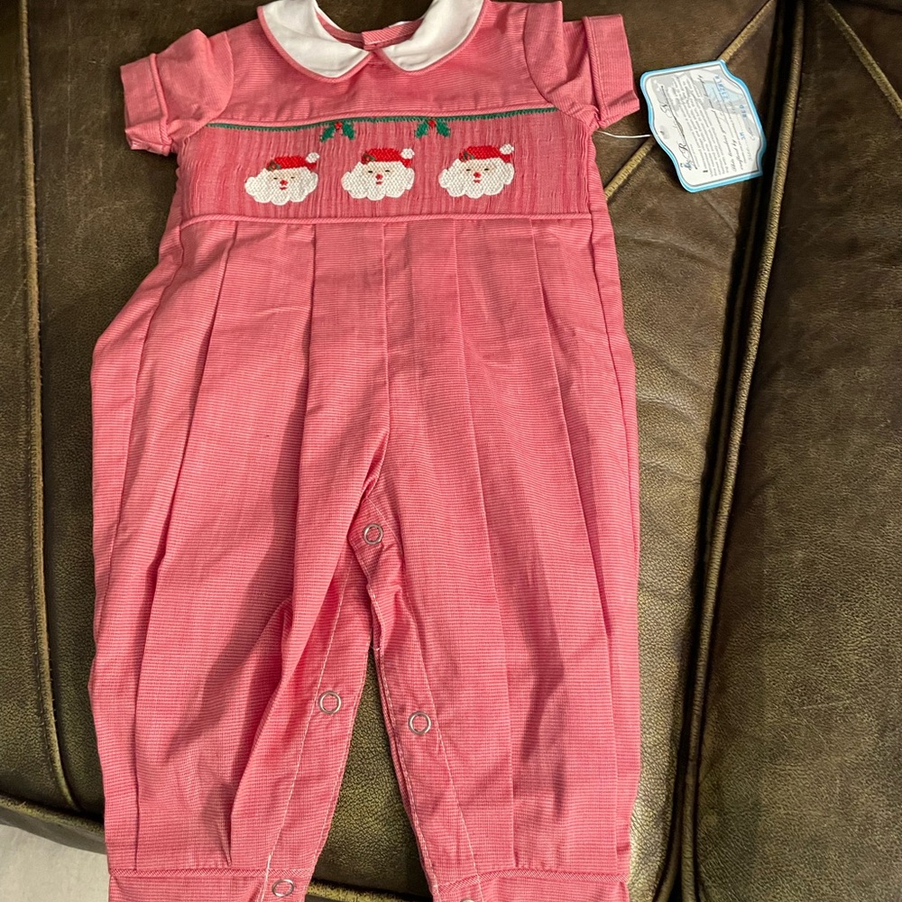 Festive Red and White smocked longall with Santa Embroidery